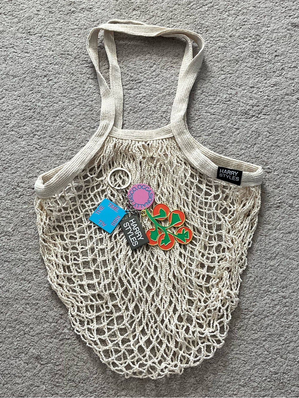 Harry Styles Cream Mesh Tote Bag and KISSCO Keychain